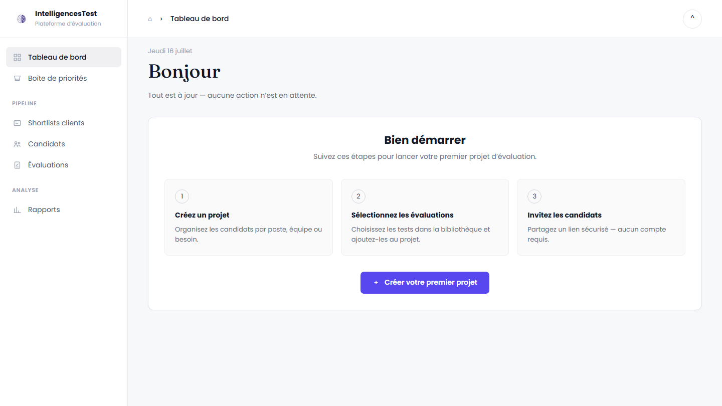 Tableau de bord IntelligencesTest en français pour agence de recrutement